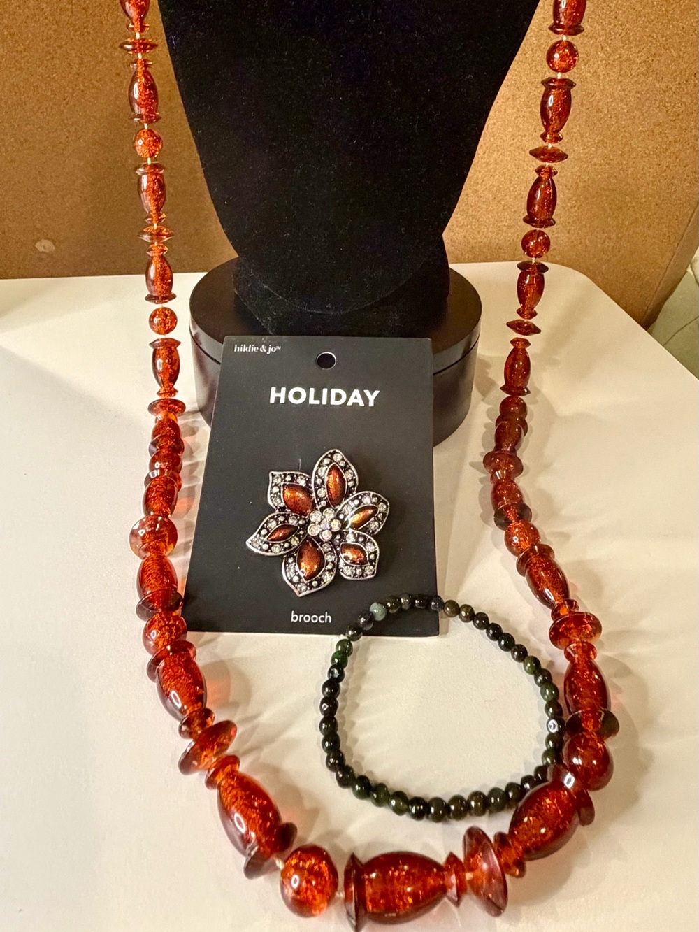 Halloween Fall Orange Necklace Stone Bracelet & NWT Brooch Set